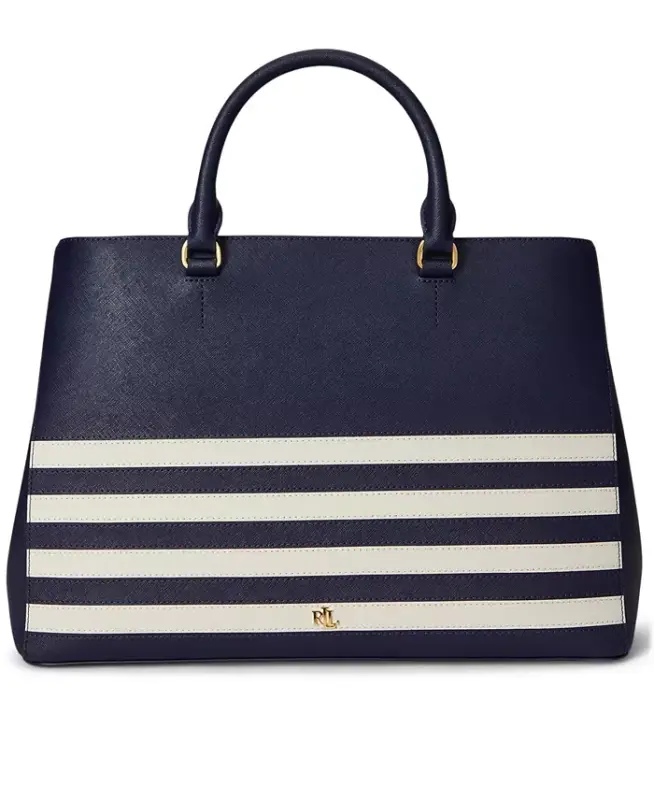 Hanna Large Crosshatch Leather Satchel Bag - Refined Navy/Soft White - LAUREN RALPH LAUREN