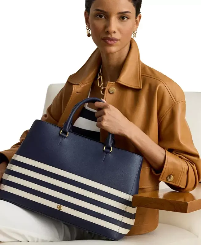 Hanna Large Crosshatch Leather Satchel Bag - Refined Navy/Soft White - 2