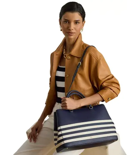 Hanna Large Crosshatch Leather Satchel Bag - Refined Navy/Soft White - 3