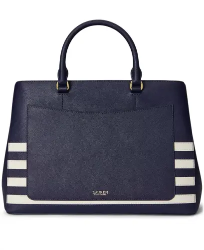 Hanna Large Crosshatch Leather Satchel Bag - Refined Navy/Soft White - 4