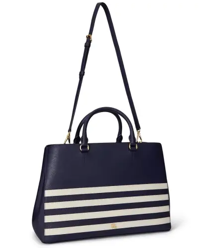 Hanna Large Crosshatch Leather Satchel Bag - Refined Navy/Soft White - 5