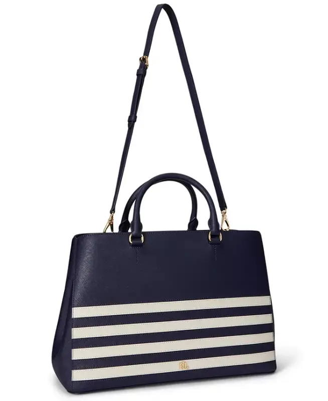Hanna Large Crosshatch Leather Satchel Bag - Refined Navy/Soft White - 5
