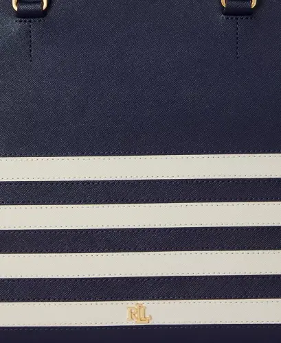 Hanna Large Crosshatch Leather Satchel Bag - Refined Navy/Soft White - 7