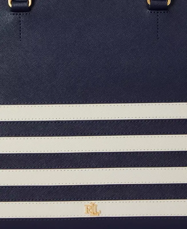 Hanna Large Crosshatch Leather Satchel Bag - Refined Navy/Soft White - 7