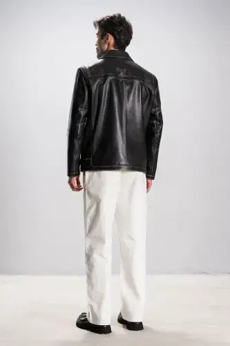 Hannover Erkak Ko'ylak Yoqali Tugmali Klassik Haqiqiy Teri Kurtka Kulrang-Kulrang - 8