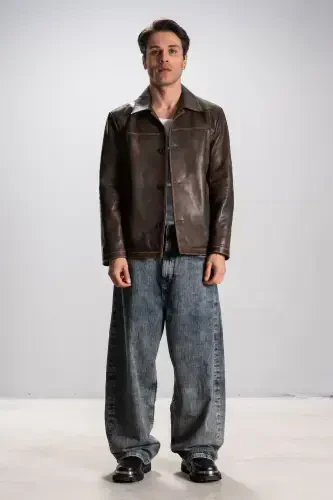 Hannover Erkak Ko'ylak Yoqali Tugmali Klassik Haqiqiy Teri Kurtka Taba-TABA - 1