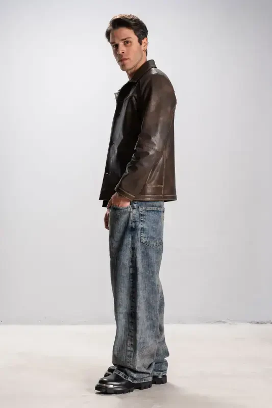 Hannover Erkak Ko'ylak Yoqali Tugmali Klassik Haqiqiy Teri Kurtka Taba-TABA - 4