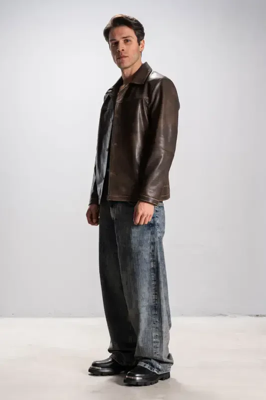 Hannover Erkak Ko'ylak Yoqali Tugmali Klassik Haqiqiy Teri Kurtka Taba-TABA - 5