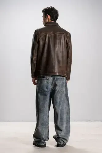 Hannover Erkak Ko'ylak Yoqali Tugmali Klassik Haqiqiy Teri Kurtka Taba-TABA - 7