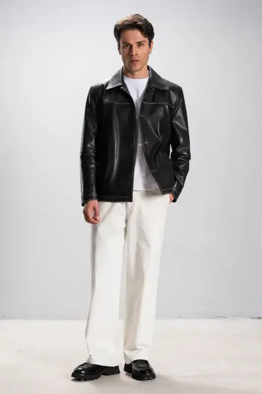 Hannover Erkek Gömlek Yaka Düğmeli Klasik Hakiki Deri Ceket Gri-GRİ - 2