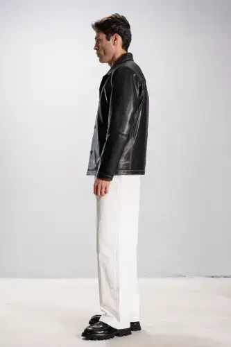 Hannover Erkek Gömlek Yaka Düğmeli Klasik Hakiki Deri Ceket Gri-GRİ - 4