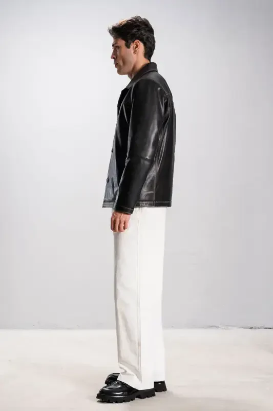 Hannover Erkek Gömlek Yaka Düğmeli Klasik Hakiki Deri Ceket Gri-GRİ - 4