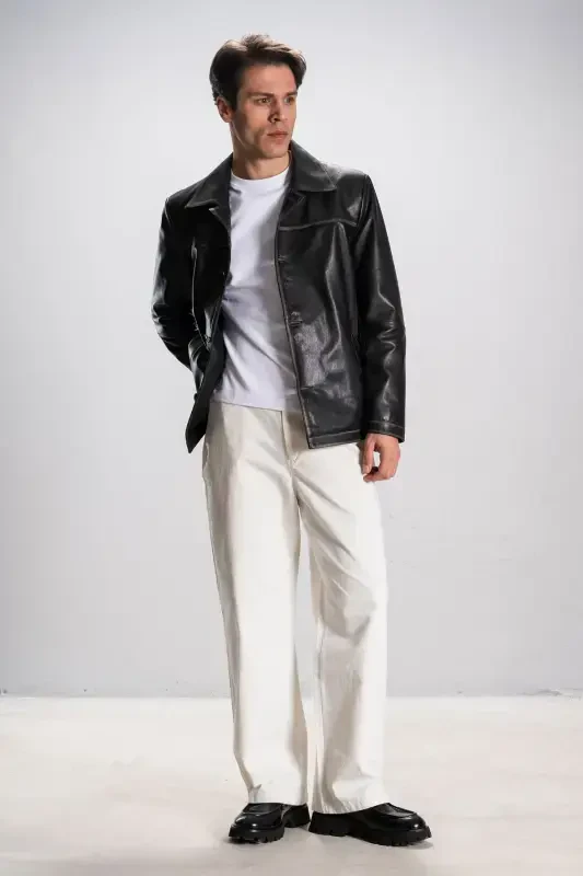 Hannover Erkek Gömlek Yaka Düğmeli Klasik Hakiki Deri Ceket Gri-GRİ - 7