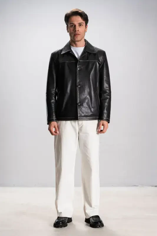 Hannover Erkek Gömlek Yaka Düğmeli Klasik Hakiki Deri Ceket Gri-GRİ - 1