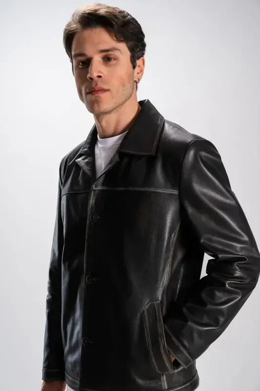 Hannover Erkek Gömlek Yaka Düğmeli Klasik Hakiki Deri Ceket Gri-GRİ - 6