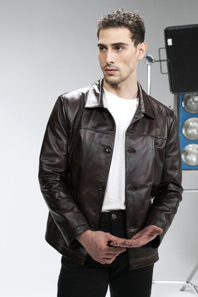 Hannover Erkek Gömlek Yaka Düğmeli Klasik Hakiki Deri Ceket Kestane-KESTANE - 2