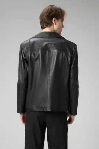 Hannover Erkek Gömlek Yaka Düğmeli Klasik Hakiki Deri Ceket Siyah-SİYAH - 3