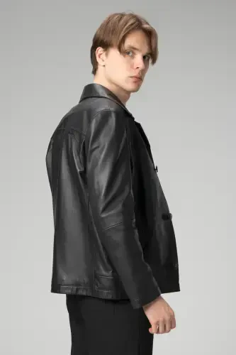 Hannover Erkek Gömlek Yaka Düğmeli Klasik Hakiki Deri Ceket Siyah-SİYAH - 5