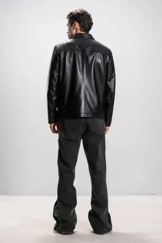 Hannover Erkek Gömlek Yaka Düğmeli Klasik Hakiki Deri Ceket Siyah-SİYAH - 8