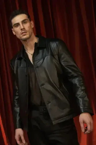 Hannover Men's Shirt Collar Buttoned Classic Genuine Leather Jacket Black-BLACK - 1