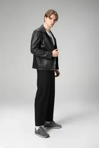 Hannover Men's Shirt Collar Buttoned Classic Genuine Leather Jacket Black-BLACK - 4