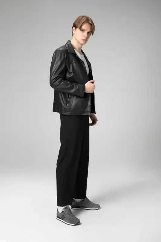 Hannover Men's Shirt Collar Buttoned Classic Genuine Leather Jacket Black-BLACK - 4