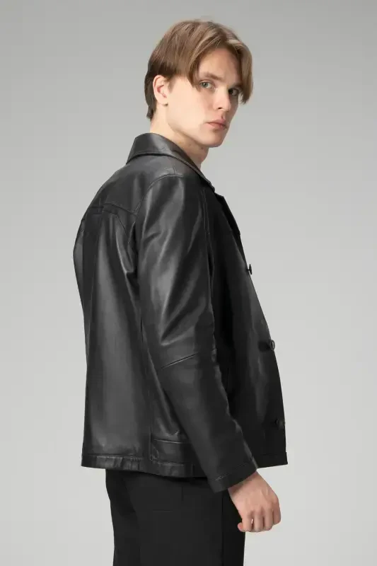 Hannover Men's Shirt Collar Buttoned Classic Genuine Leather Jacket Black-BLACK - 5