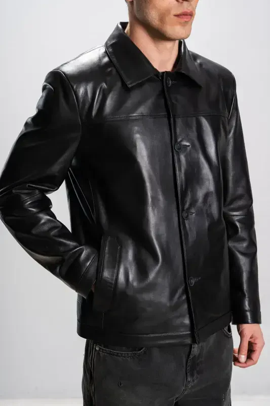 Hannover Men's Shirt Collar Buttoned Classic Genuine Leather Jacket Black-BLACK - 6