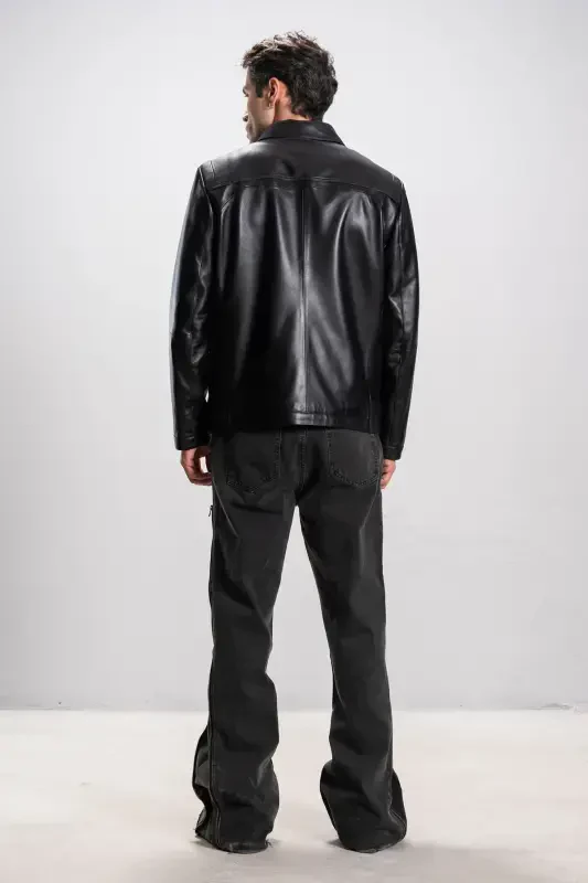 Hannover Men's Shirt Collar Buttoned Classic Genuine Leather Jacket Black-BLACK - 8