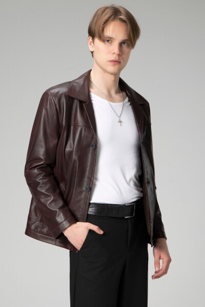 Hannover Men's Shirt Collar Buttoned Classic Genuine Leather Jacket Chestnut - 11