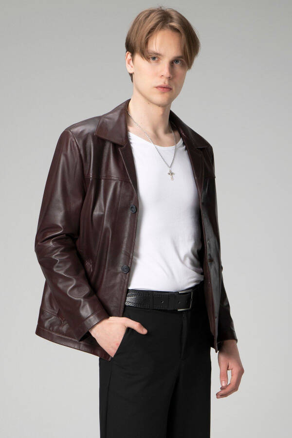 Hannover Men's Shirt Collar Buttoned Classic Genuine Leather Jacket Chestnut - 11