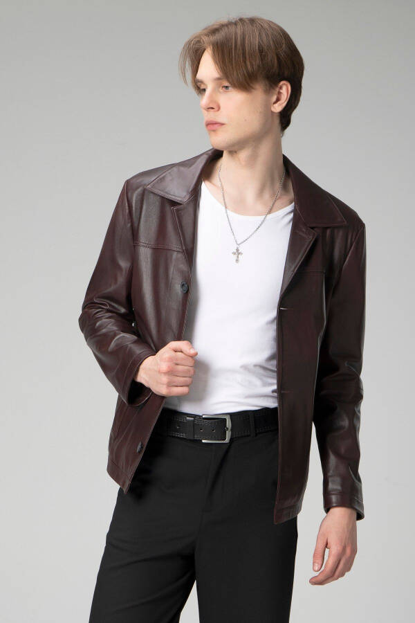 Hannover Men's Shirt Collar Buttoned Classic Genuine Leather Jacket Chestnut - 12