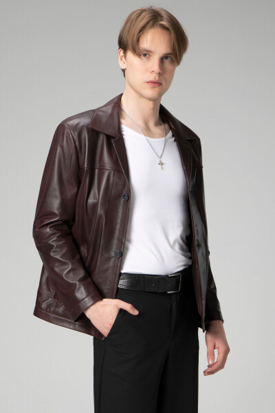 Hannover Men's Shirt Collar Buttoned Classic Genuine Leather Jacket Chestnut - 4