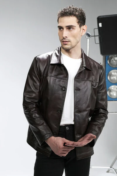 Hannover Men's Shirt Collar Buttoned Classic Genuine Leather Jacket Chestnut - DERICLUB (1)