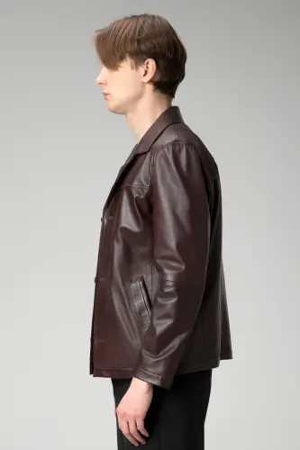 Hannover Men's Shirt Collar Buttoned Classic Genuine Leather Jacket Chestnut - 1