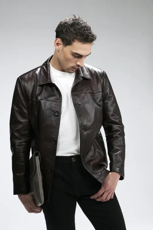 Hannover Men's Shirt Collar Buttoned Classic Genuine Leather Jacket Chestnut - 4