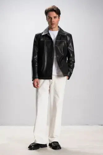 Hannover Men's Shirt Collar Buttoned Classic Genuine Leather Jacket Grey-GREY - DERICLUB (1)