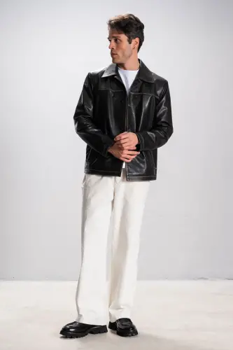 Hannover Men's Shirt Collar Buttoned Classic Genuine Leather Jacket Grey-GREY - 3