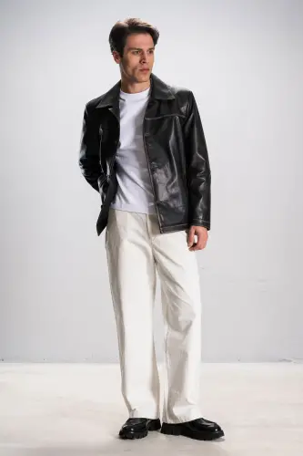 Hannover Men's Shirt Collar Buttoned Classic Genuine Leather Jacket Grey-GREY - 7