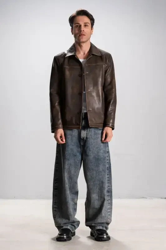 Hannover Men's Shirt Collar Buttoned Classic Genuine Leather Jacket Tan-TAN - 1