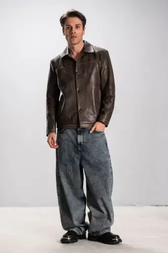 Hannover Men's Shirt Collar Buttoned Classic Genuine Leather Jacket Tan-TAN - DERICLUB (1)