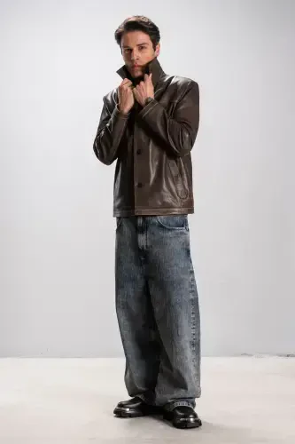 Hannover Men's Shirt Collar Buttoned Classic Genuine Leather Jacket Tan-TAN - 3