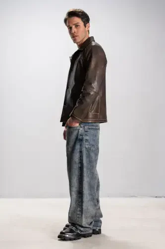 Hannover Men's Shirt Collar Buttoned Classic Genuine Leather Jacket Tan-TAN - 4