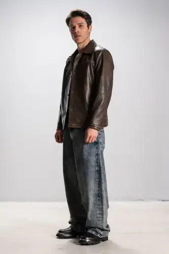 Hannover Men's Shirt Collar Buttoned Classic Genuine Leather Jacket Tan-TAN - 5