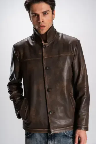 Hannover Men's Shirt Collar Buttoned Classic Genuine Leather Jacket Tan-TAN - 6