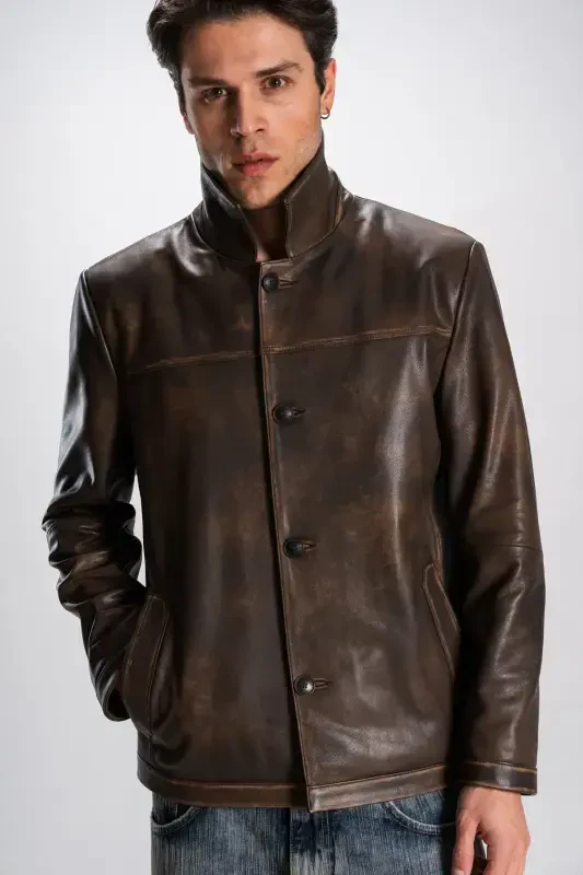 Hannover Men's Shirt Collar Buttoned Classic Genuine Leather Jacket Tan-TAN - 6