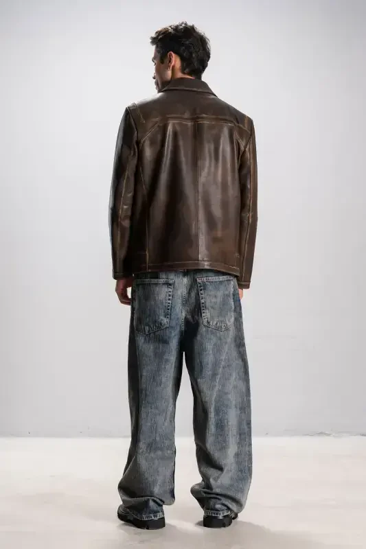 Hannover Men's Shirt Collar Buttoned Classic Genuine Leather Jacket Tan-TAN - 7