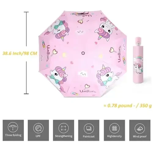 Hannstar Automatic Kids Umbrella, Folding Telescopic Toddler Umbrella for girls & boys, UV/Sun Protection - Strong and Portable - Compact, Durable, Lightweight Cute Kitty Brolly - 6