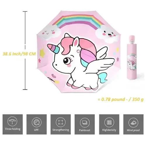 Hannstar Automatic Kids Umbrella, Folding Telescopic Toddler Umbrella for girls & boys, UV/Sun Protection - Strong and Portable - Compact, Durable, Lightweight Cute Kitty Brolly - 5