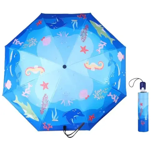 Hannstar Automatic Kids Umbrella, Folding Telescopic Toddler Umbrella for girls & boys, UV/Sun Protection - Strong and Portable - Compact, Durable, Lightweight Cute Kitty Brolly - 1